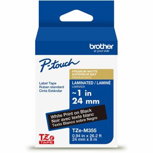 Brother Genuine P-touch TZeM355 WHT on BK Label Tape, Premium Matte Laminated, 24mmX8m Brother Genuine P-touch TZeM355 WHT on BK Label Tape, Premium Matte Laminated, 24mmX8m